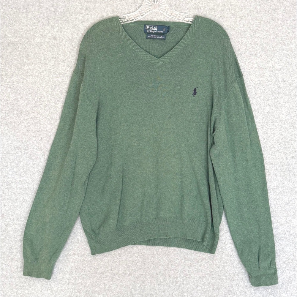 Polo Ralph Lauren Sweater Mens Large Green V-Neck 100% Pima Cotton Logo Pullover - Picture 2 of 8